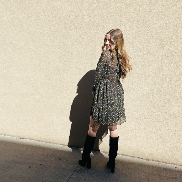 Zara Black Floral Long Sleeve Babydoll Mini Dress - Picture 5 of 10